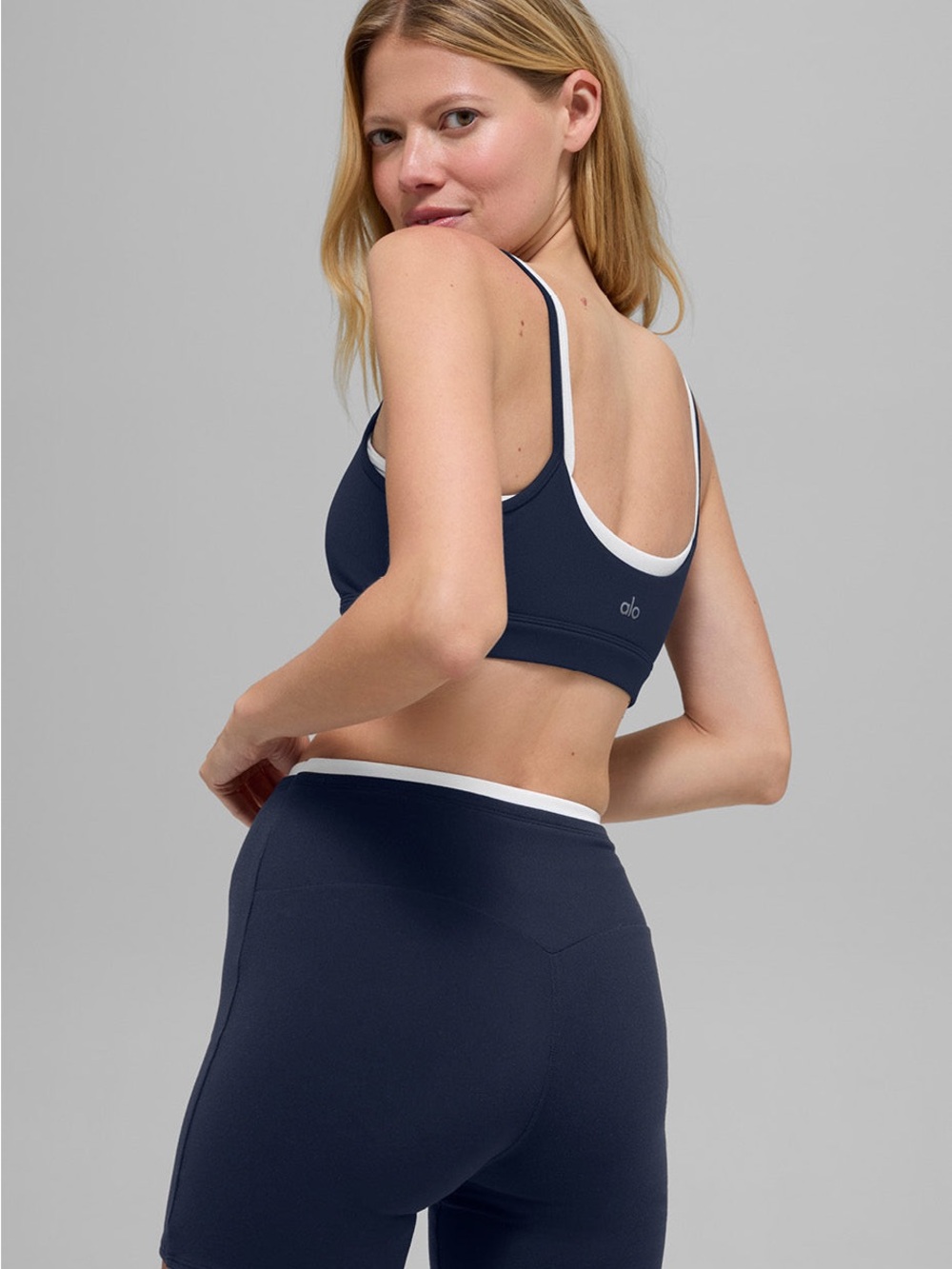 ALO Yoga Navy Sports Bra with White Contrast Trim